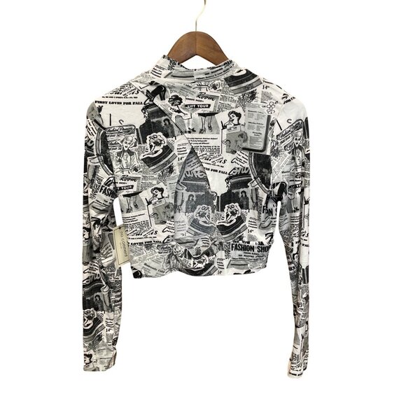 No Comment NY.LA Large Womens Long Sleeve Newspaper Print Cropped Turtleneck Top - Picture 6 of 8